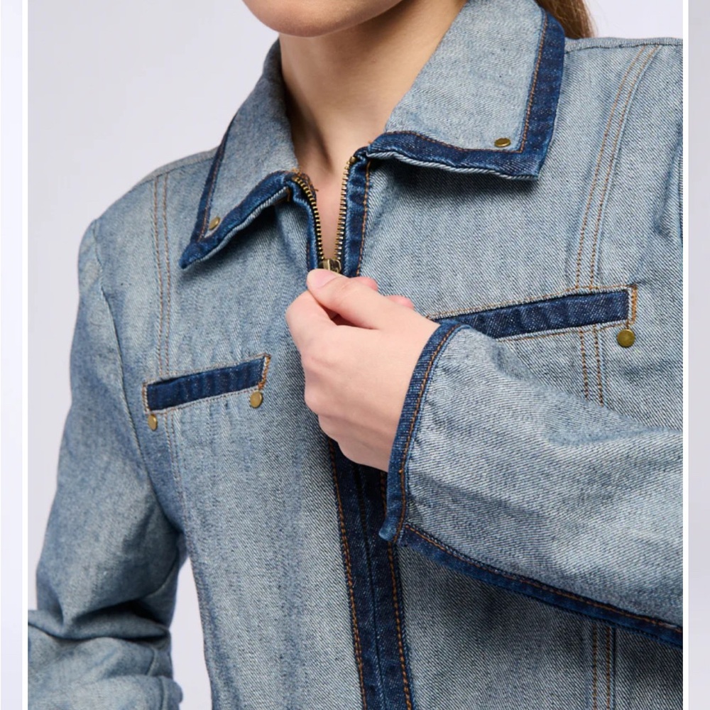 Cropped Light Denim Jacket with Dark Trim - Women's Jean Jacket - Picture 4 of 7